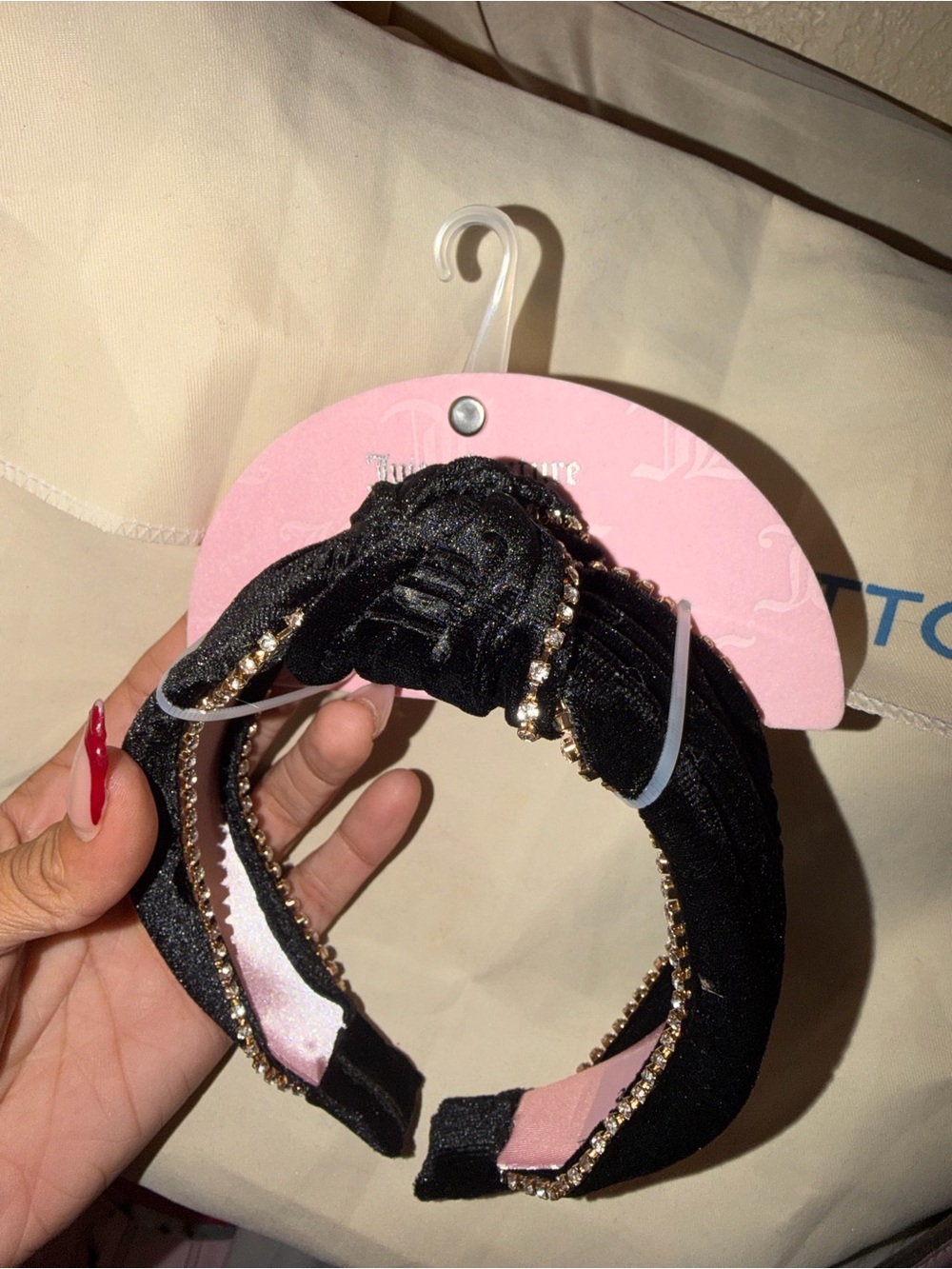 Juicy Couture Black Satin Knotted Headband with Gold Rhinestone Trim
